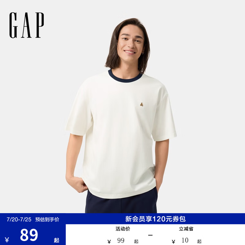 GAP男女装春季款纯棉小熊刺绣撞色圆领短袖T恤上衣724970 白色 XL (180/100A) 亚洲尺码 【偏大，建议拍小一码】