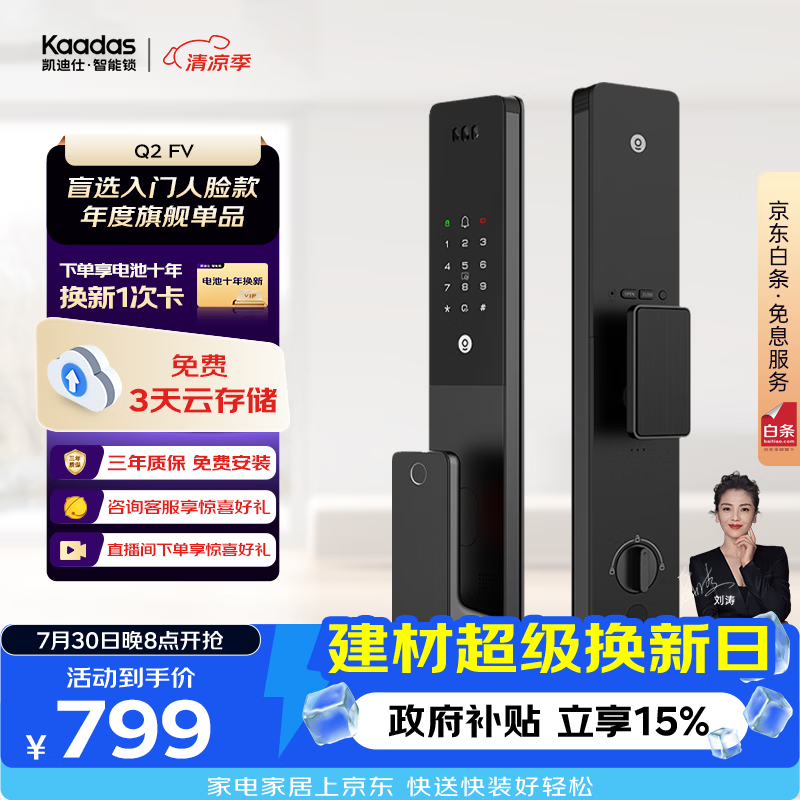 凯迪仕（KAADAS）智能门锁 人脸识别猫眼监控摄像指纹锁密码智能锁 Q2 FV
