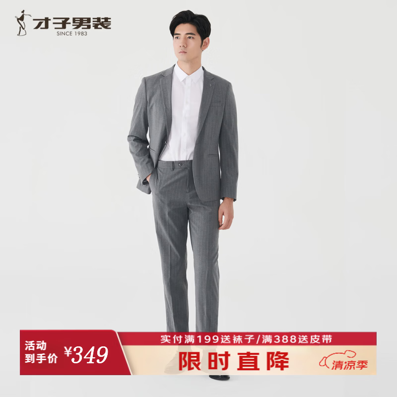 才子（TRIES）男士商务通勤平驳领套西结婚上班通勤面试职业正装西服套装 灰色 46 (165/84Y)