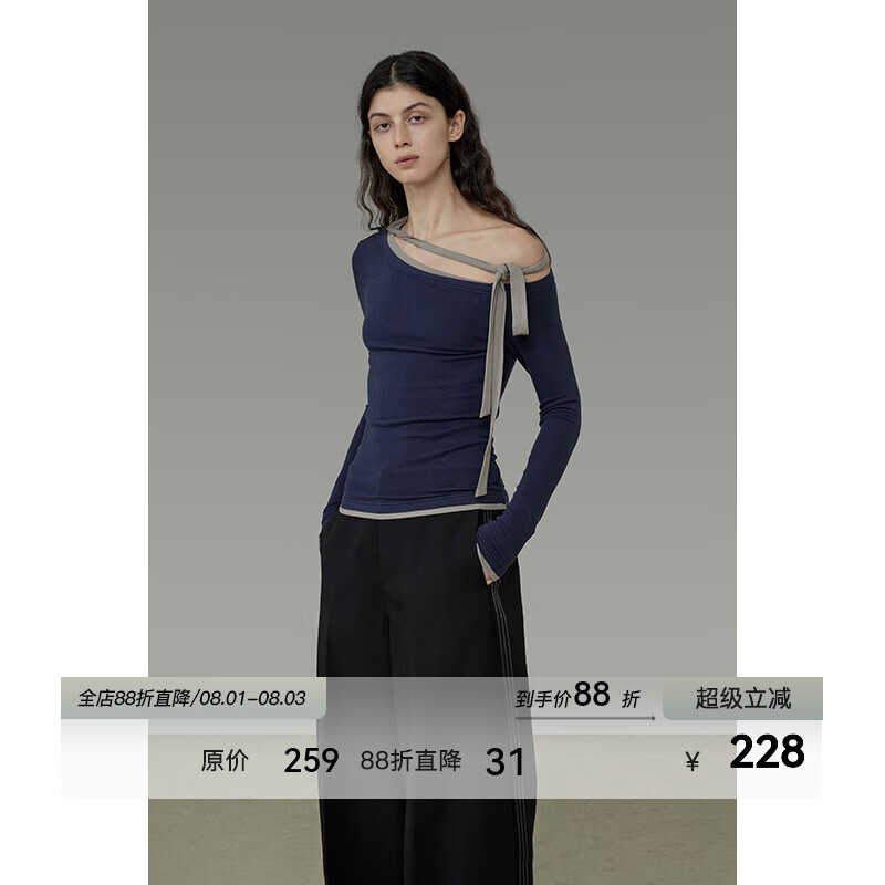 UNSPOKEN撞色斜肩针织衫女2026春季新款高级感修身打底衫长袖上衣 深蓝 M
