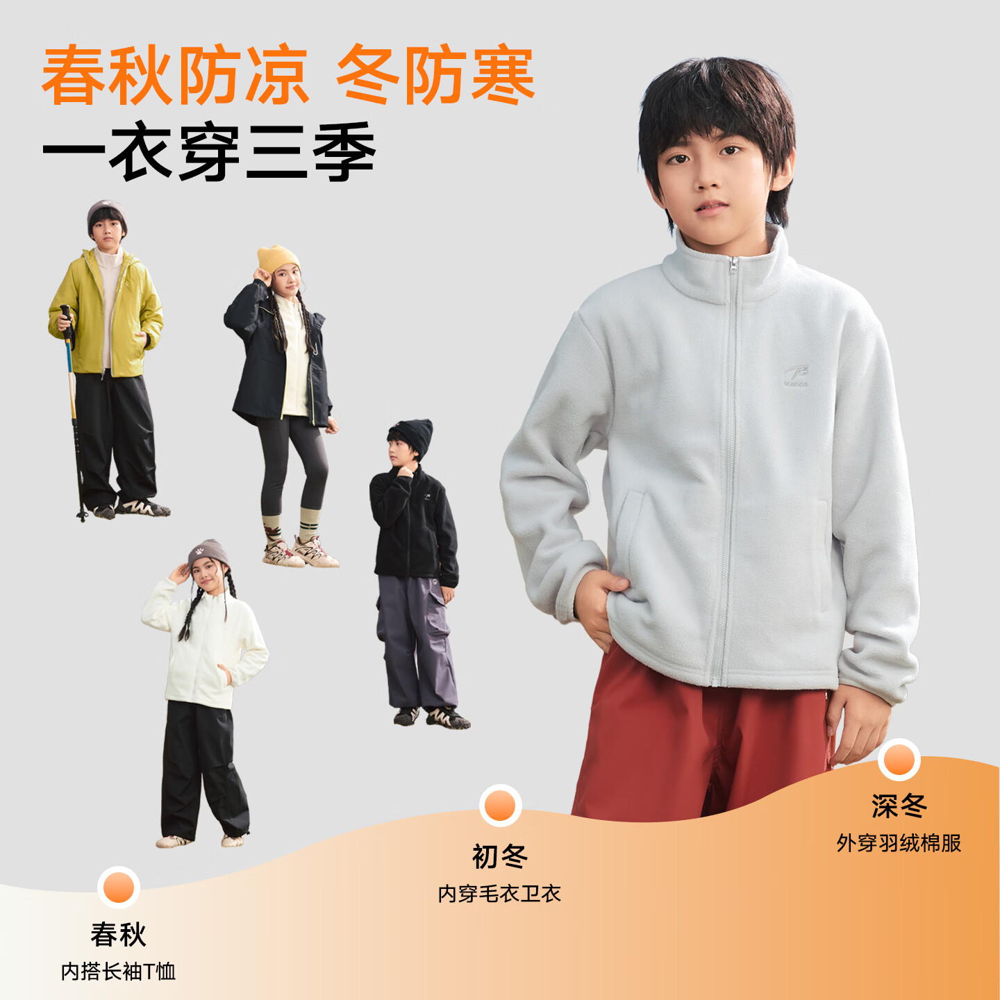 巴布豆儿童摇粒绒外套立领蓄热防风中大童男女童保暖内胆上衣 冰川灰+夜幕黑 170
