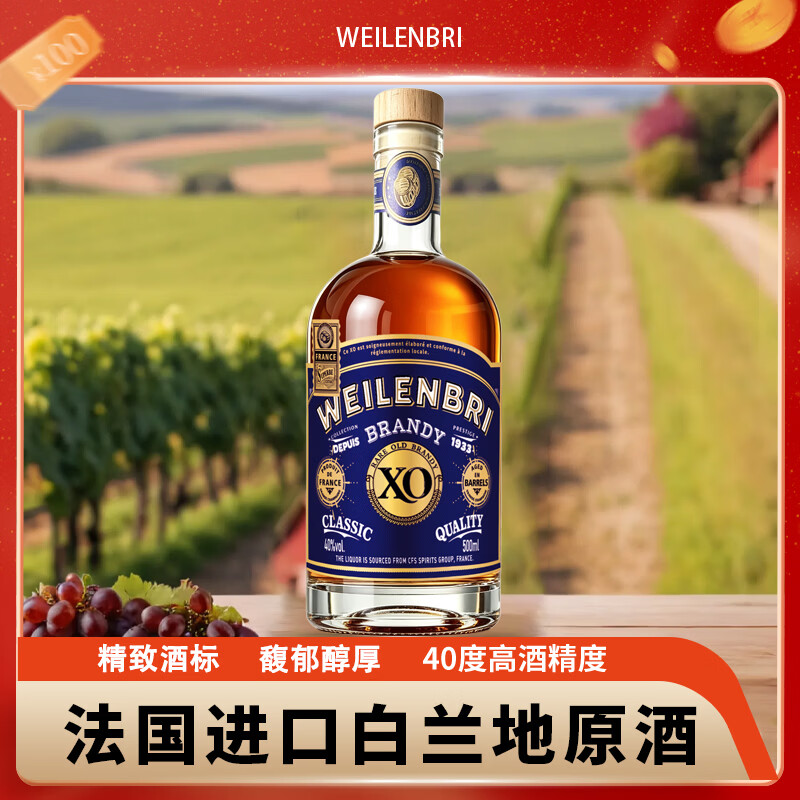 威伦比尔40度XO白兰地洋酒烈酒醇厚馥郁橡木桶陈酿自饮口粮酒商务法国进口 500mL 1瓶