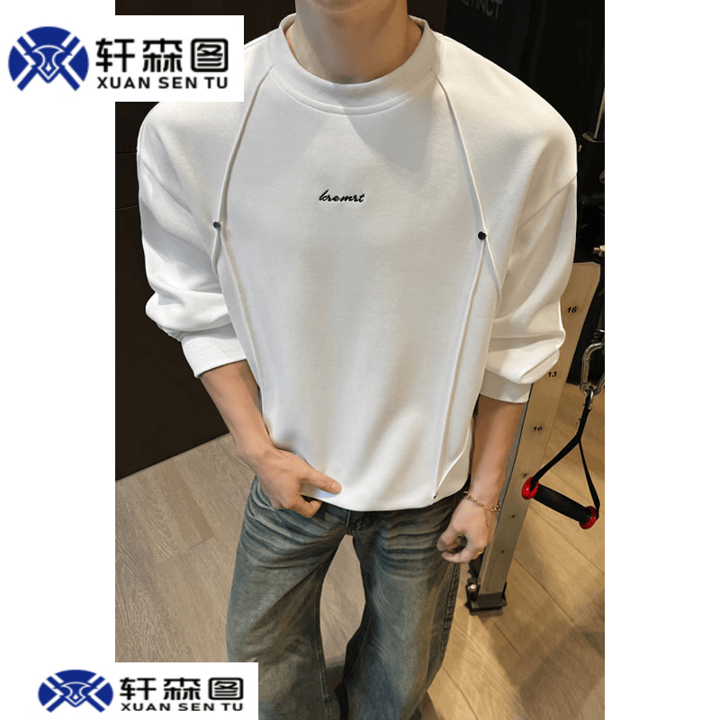 轩森图（XUANSENTU）美式解构铆钉卫衣男款春秋重磅潮牌宽松打底男士内搭长袖男装上衣 白色 2XL