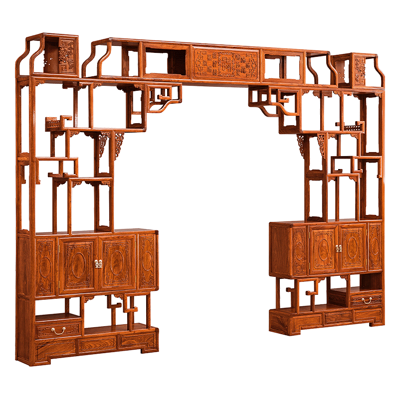 广典红木家具非洲花梨(学名:刺猬紫檀)实木拱门架组合 间厅展示架 客厅玄关架 中式可伸缩月洞门 拱门架(290-380*30*230cm)