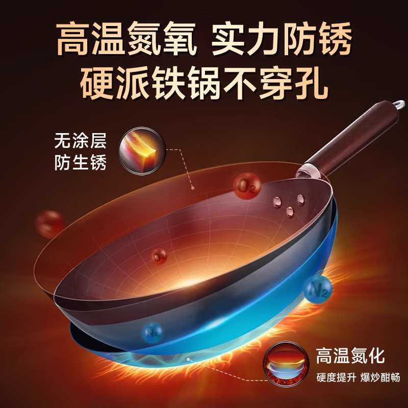 京严炒锅经典款铁锅无涂层炒菜不粘锅家用精铁锅具燃气电磁炉用已开锅 【燃气灶专用】适合5-8人 赠盖铲 直径 34cm 百年工艺｜传统铁锅｜健康不沾