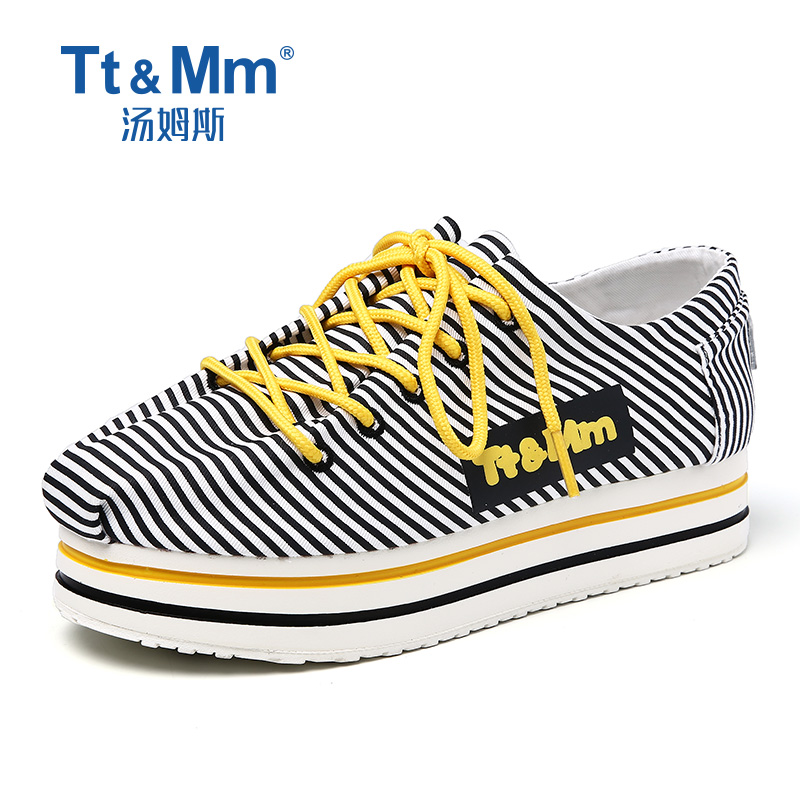 汤姆斯厚底格子条纹帆布鞋女潮低帮 夏款增高ins风厚跟布鞋 黑色 35