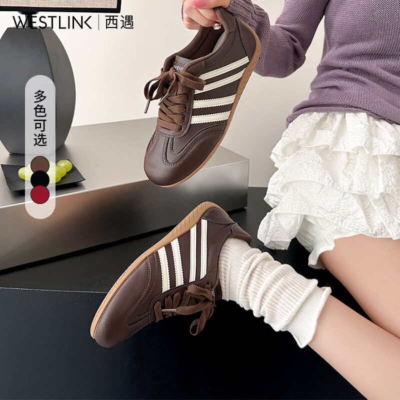 西遇（Westlink）皮面德训鞋女秋季新款复古美拉德时尚百搭平底运动鞋 咖色(P0066602) 付款20天 38 (240)