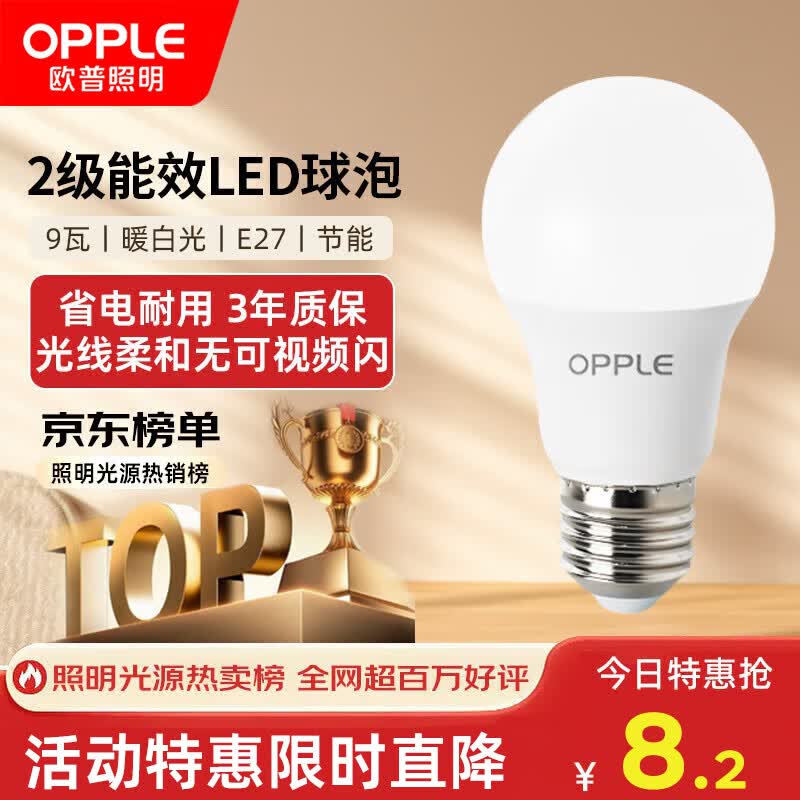 欧普照明（OPPLE）LED节能灯泡E27螺口灯泡 【9w-暖白光3000K】1只装 大功率光源超亮高显色球泡