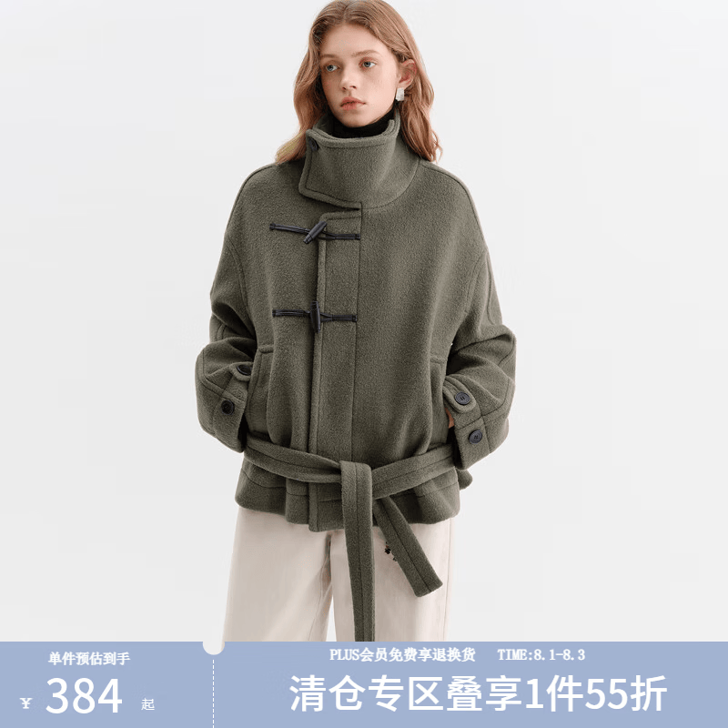 范思蓝恩复古海军风短款外套女2025冬装慵懒大翻领牛角扣毛呢大衣 橄榄绿 S