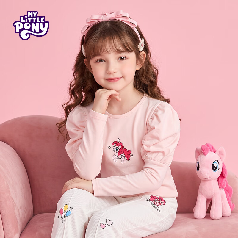 小马宝莉(MY LITTLE PONY)春秋卡通碧琪泡泡袖长袖T恤中大童女童打底上衣 粉色 120 120/60