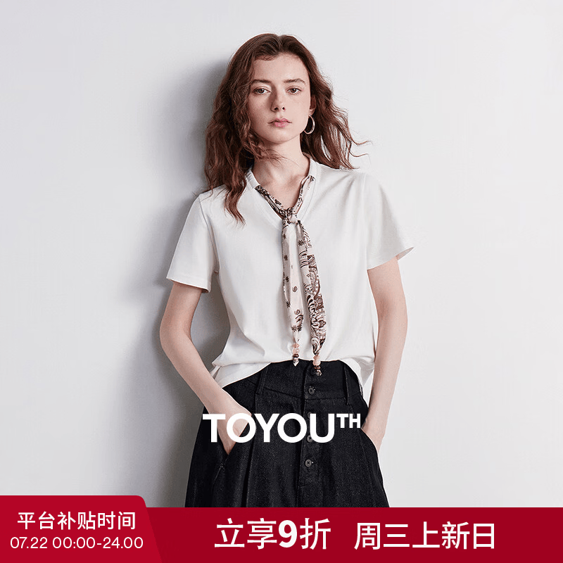 初语纯棉T恤女2026夏季新款波嬉风印花丝巾正肩合体短袖上衣 白色 S