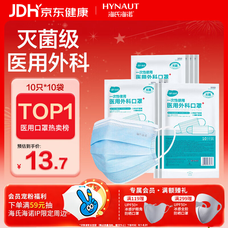 海氏海诺一次性医用外科口罩100只 灭菌级医用口罩成人夏季薄款防尘防晒