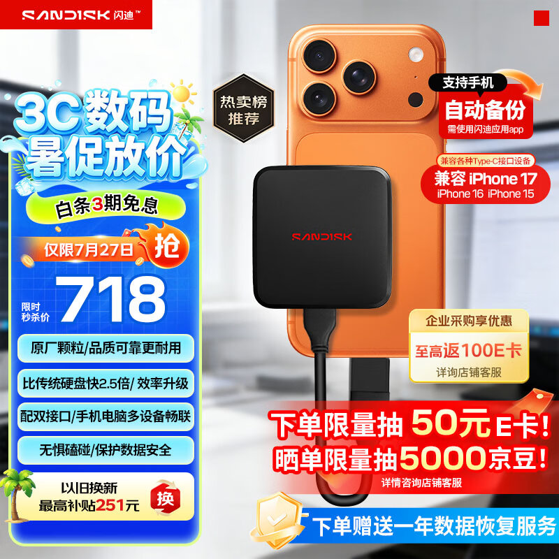 闪迪（SanDisk）ELE 1TB 移动固态硬盘（PSSD）新元素 type-c接口 小巧便携手机直连笔记本电脑两用外接 办公存储
