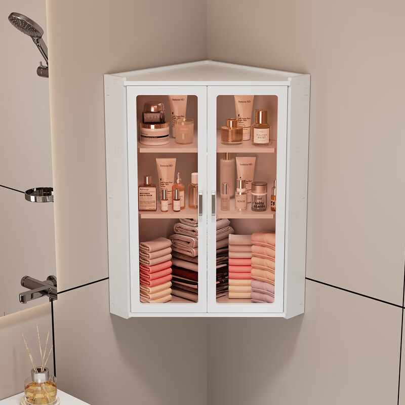 枫居物语浴室卫生间置物架收纳柜墙角壁挂式化妆品洗漱台储物柜防水免打孔 挂角架 白色【38x70】茶透