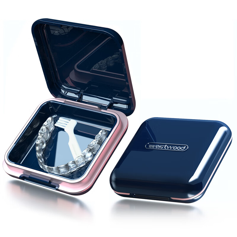 westwood牙套盒隐形牙套收纳盒保持器便携式收纳盒隐适美正畸矫正器清洁盒 带镜子牙套盒-宝石蓝+小刷