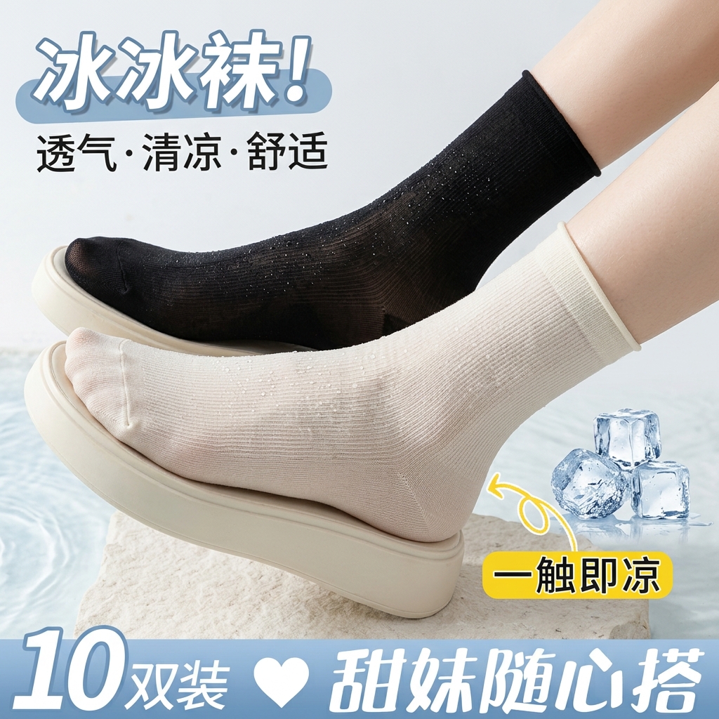 帆婷冰冰袜子女堆堆袜夏季薄款2026新款爆款夏天透气中筒冰丝黑色女士 夏季冰感堆堆袜【米白10双】 均码 精品卡纸包装
