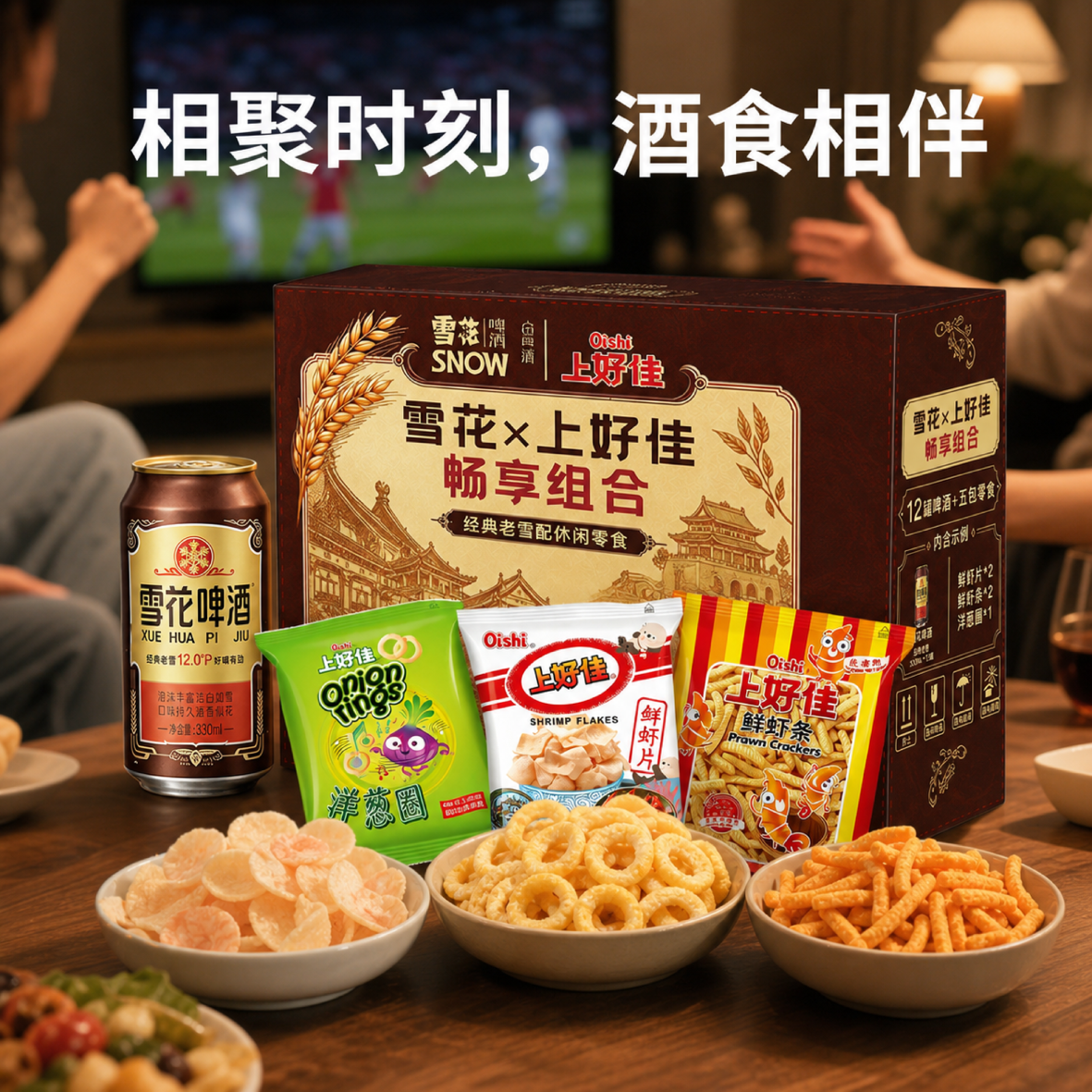 雪花经典老雪花啤酒330ml*12听+上好佳组合礼包40g*5包 老雪*36罐+上好佳*15袋 330mL 3盒 组合装