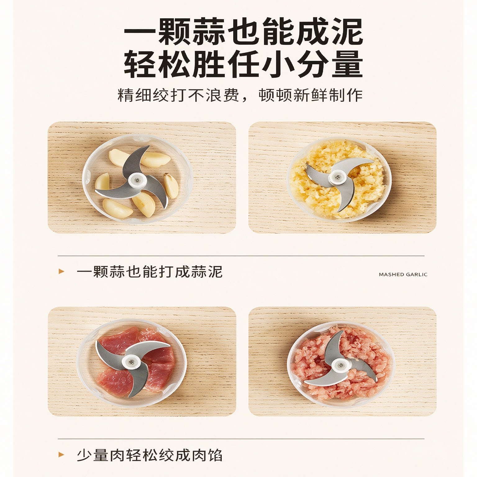 KITCHOICE家用蒜泥捣碎器电动拉蒜器蒜蓉搅碎器打蒜末神器多功能厨房小型料理绞肉机 【蜜柚黄】 0.25L 【多功能料理机】【高硼硅玻璃】