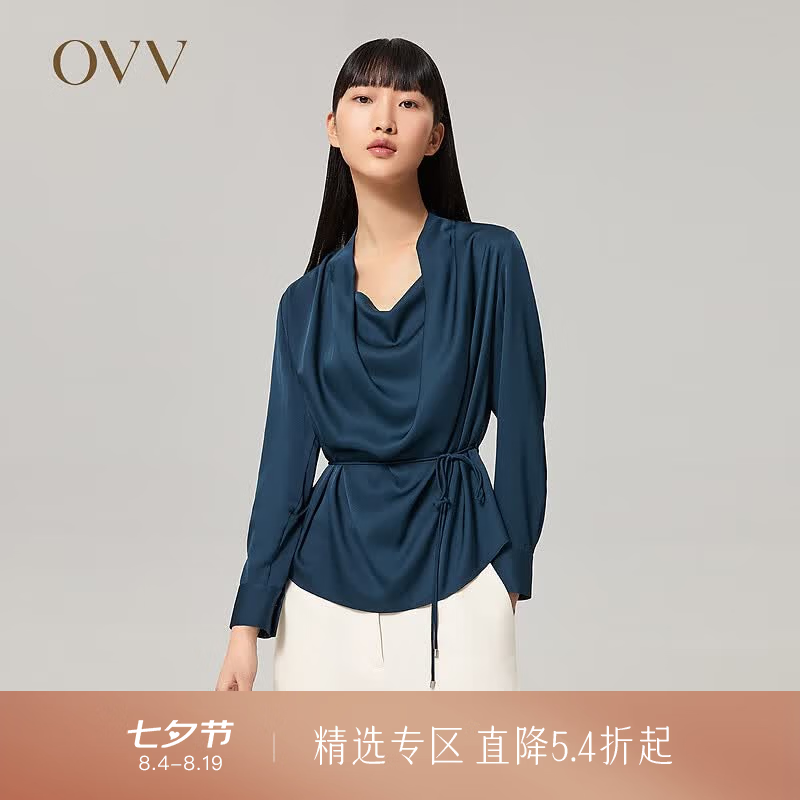 OVV【重磅真丝】OVV2022秋冬新款女装22姆米双乔荡领收腰长袖衬衫 深蓝B1 XS