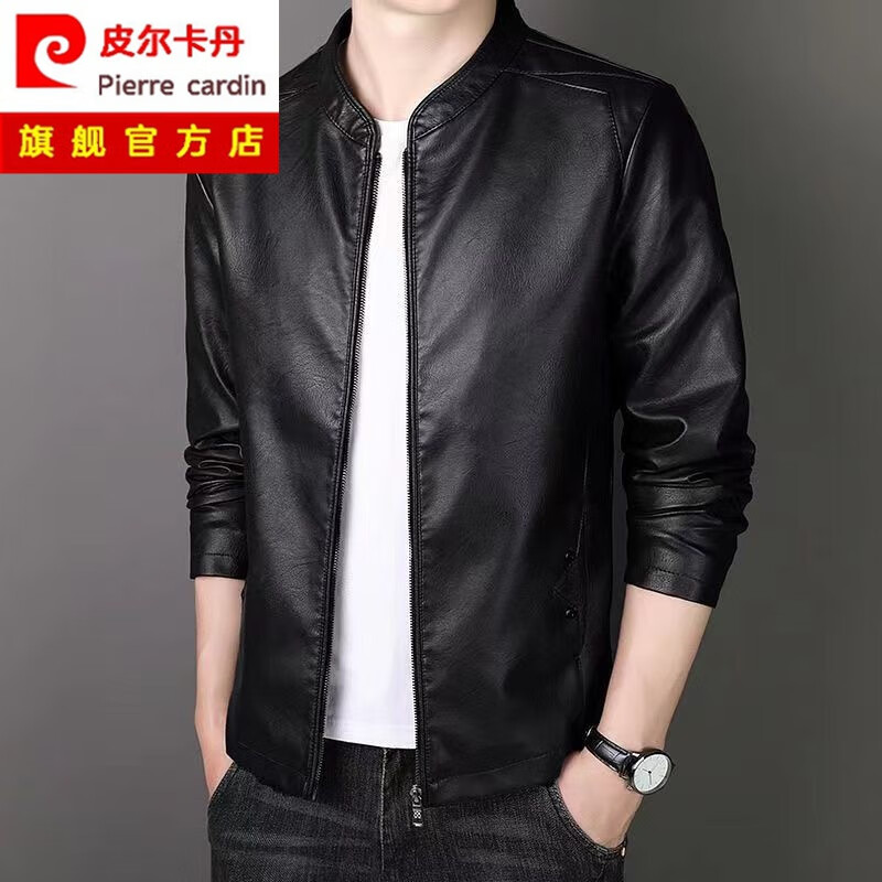 皮尔卡丹（pierre cardin）新款真皮皮衣男修身立领外套商务休闲大码皮夹克上衣爸爸装针织 8055棕色 3XL 155-170斤