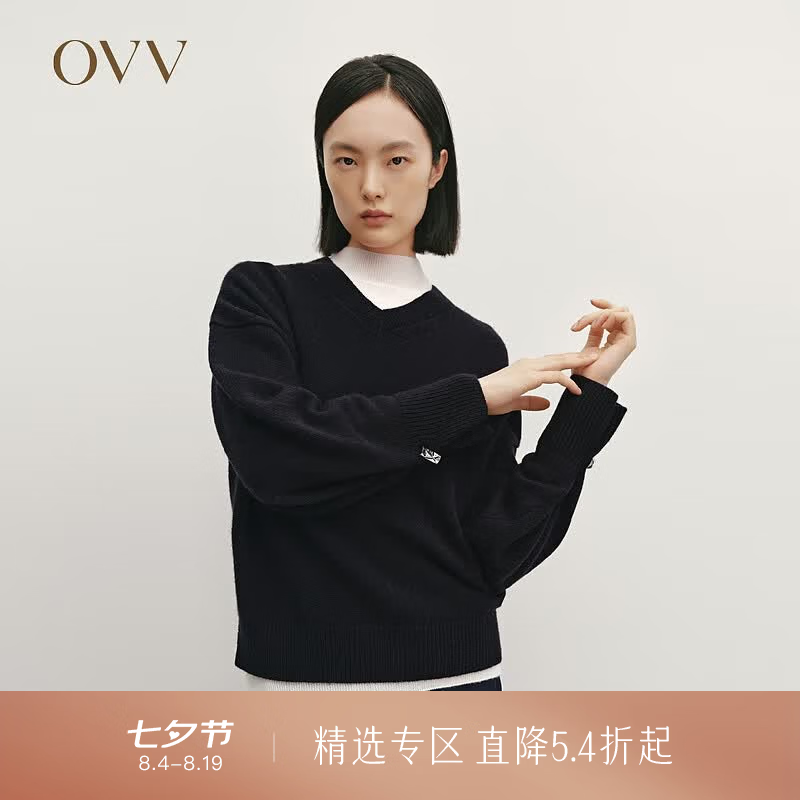 OVV秋冬热卖女装V领袖口活动金属扣羊毛长袖针织衫 藏青 S
