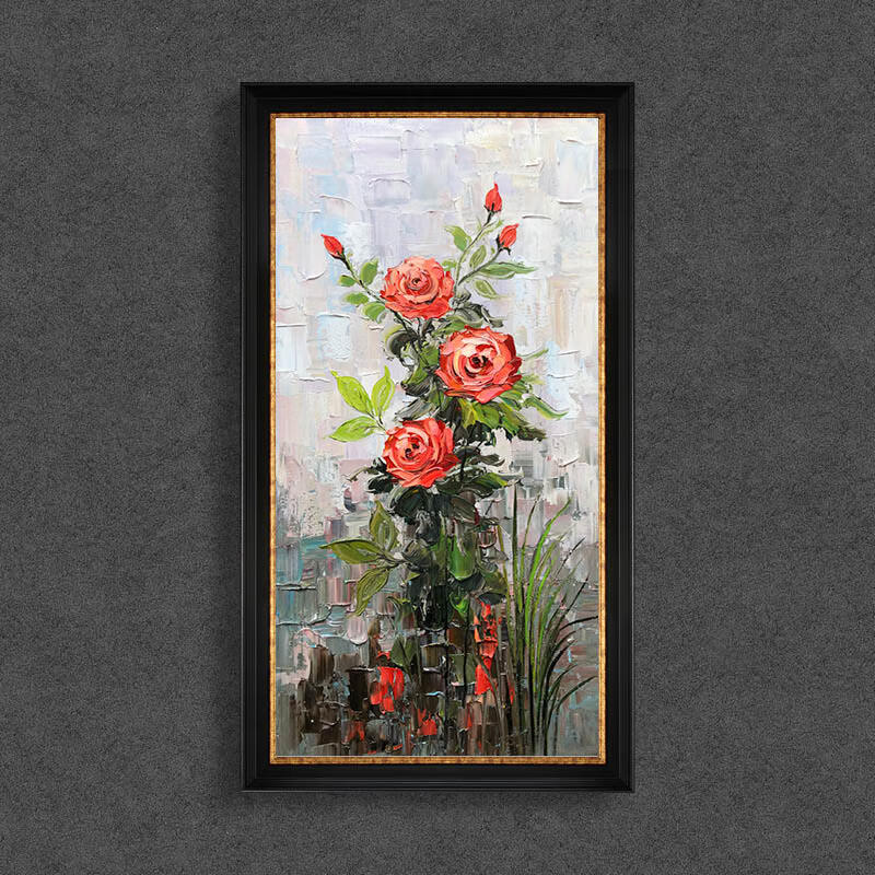 印象斑斓 玫瑰花开 纯手绘油画新古典欧式美式花卉静物玄关客厅竖版