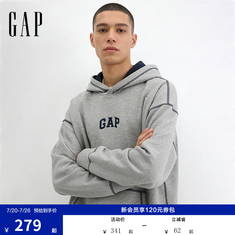 盖璞男女装2026春季新款logo刺绣宽松套头连帽卫衣休闲上衣854688 浅灰色 M (170/92A) 亚洲尺码