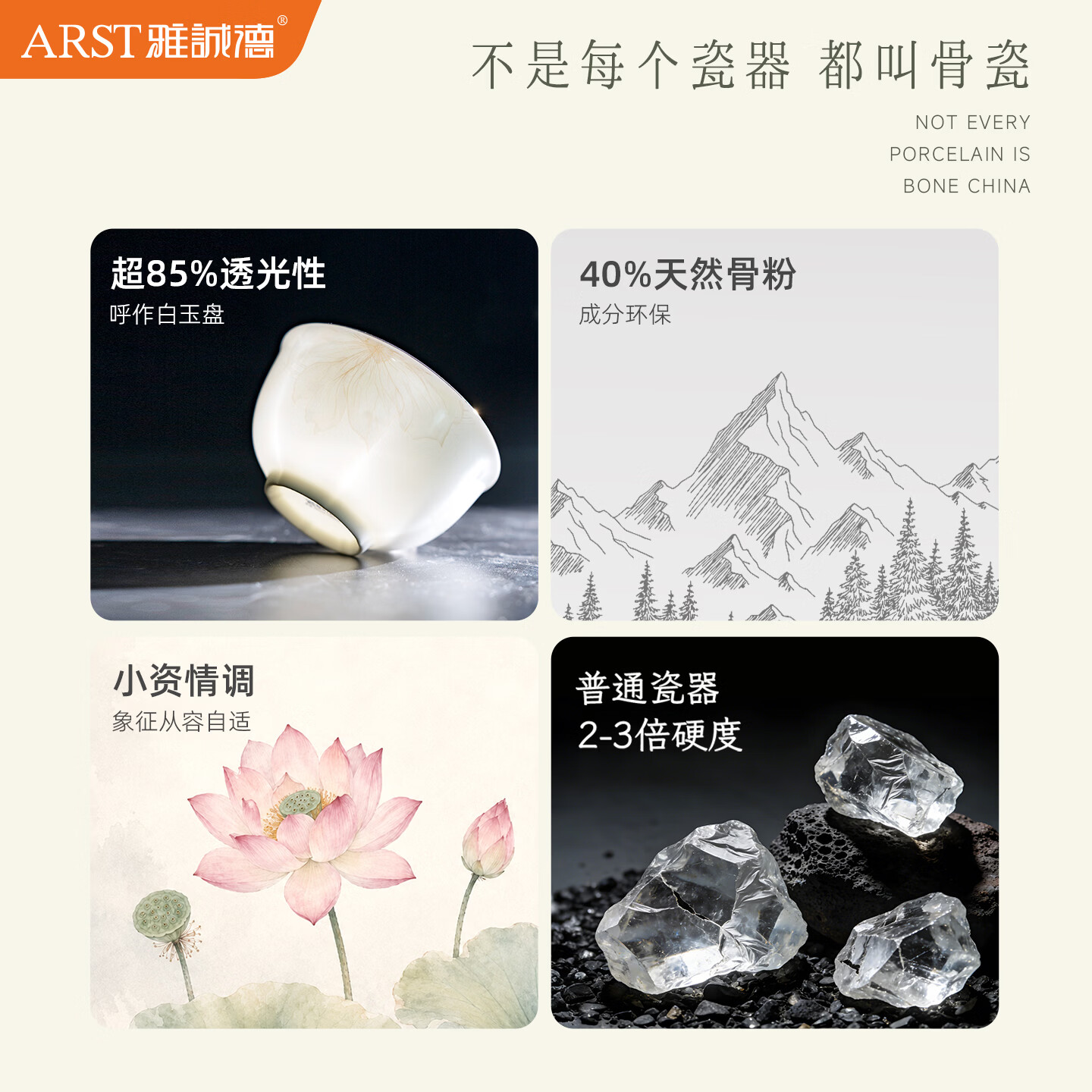 ARST雅誠德26新款釉中彩贴花描金抗菌骨瓷餐具组合中式家用陶瓷碗盘新婚乔迁 4碗2盘【4.5寸碗+8.5寸盘】