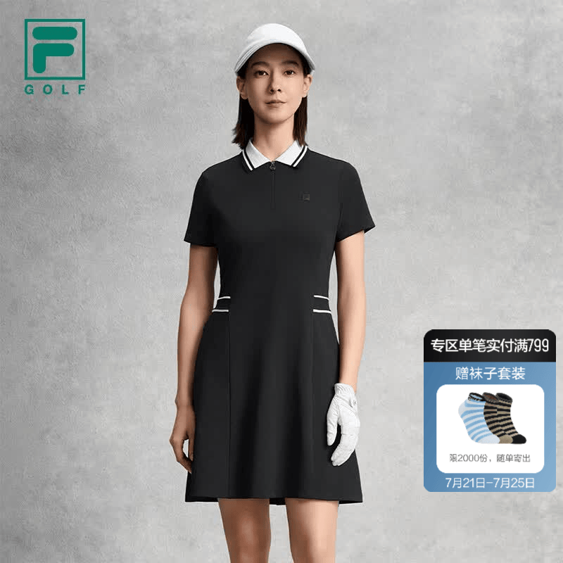 FILA 斐乐官方女子连衣裙2026秋季新款高尔夫运动防晒短袖POLO裙 深黑-BK 2XL 180/96A/XXL
