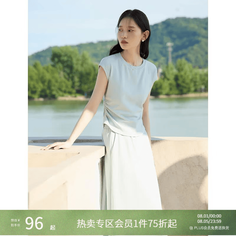自巧小个子慵懒松弛感短袖t恤半身裙套装女2026夏季新款显瘦上衣 水雾蓝上衣 S (3码) 拍前请联系客服确认