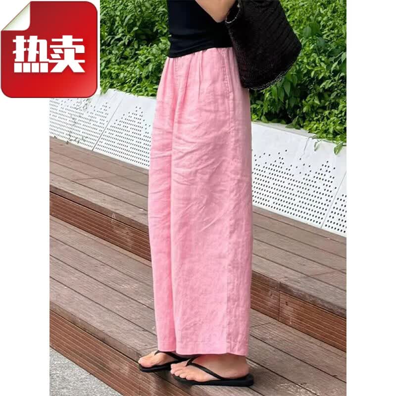 夏典素订女王(SE.PSTP)粉色裤子女春季薄款日系棉麻阔腿裤亚麻直筒裤宽松显瘦休闲九分裤 粉色 2XL (建议130斤-145斤)