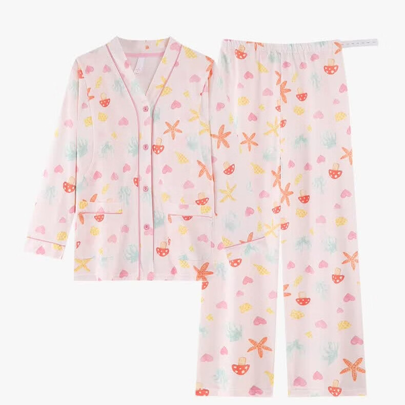 芬腾可安带胸垫月子服全面吸汗春秋待产产后哺乳四季款孕妇睡衣怀孕期 M89713 3XL