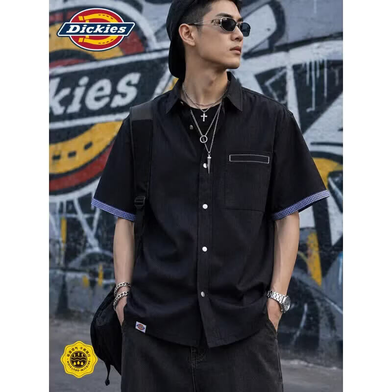 Dickies美式潮牌仿牛仔工装衬衫短袖男款夏季新款百搭辑明线宽松上衣服装 海军蓝 2XL