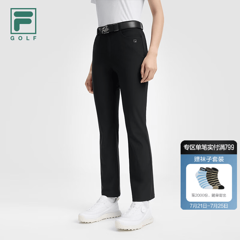 FILA 斐乐官方女士针织长裤2026秋新款高尔夫运动裤子基础喇叭裤 深黑-BK S 160/62A/S