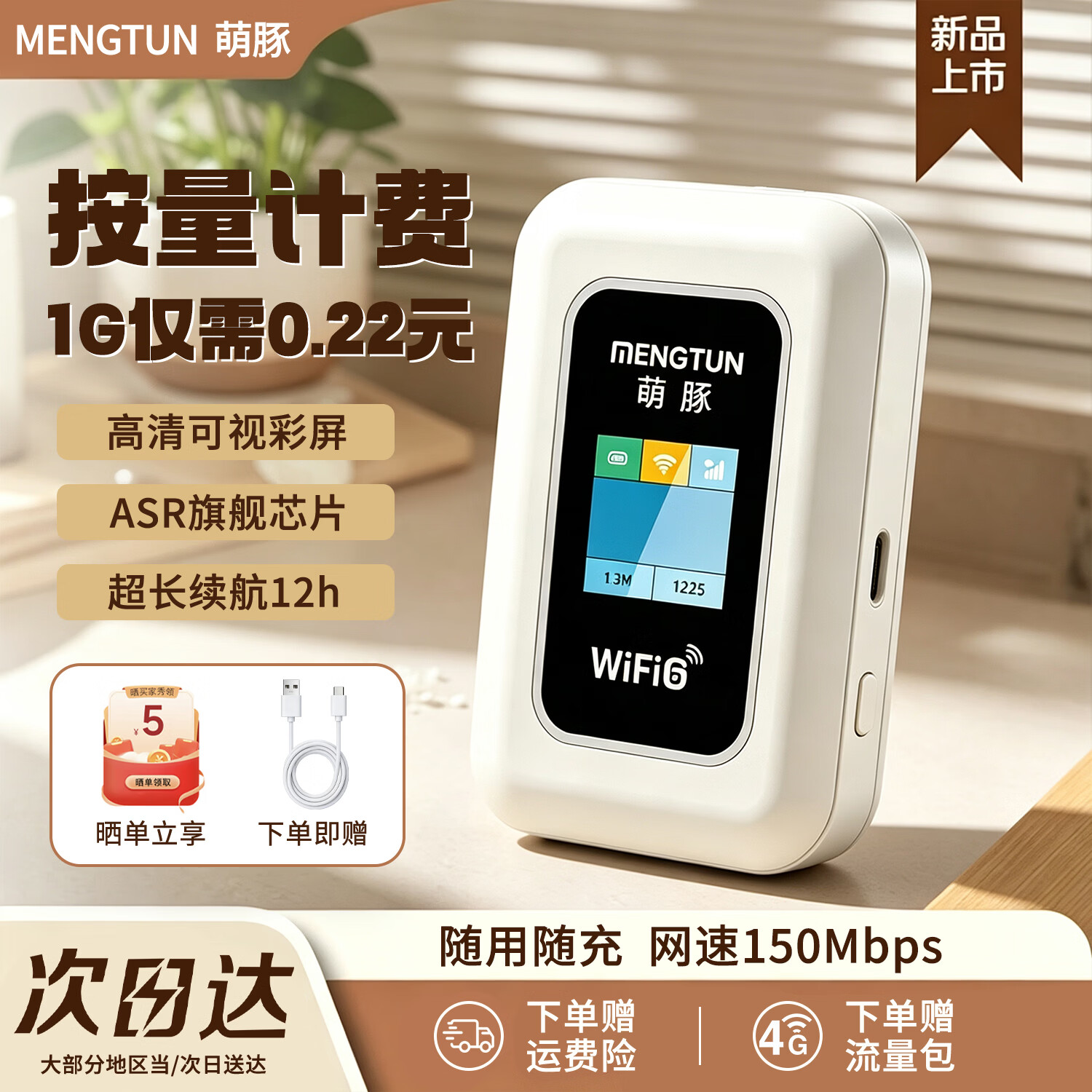 萌豚移动随身wifi2026新款免插卡随身移动wifi全国通用(含新疆)双网切换无线随身wifi6车载4G路由器 【按量计费】0.22元/GB+自由充值 赠运费险+7天试用+45G免费流量