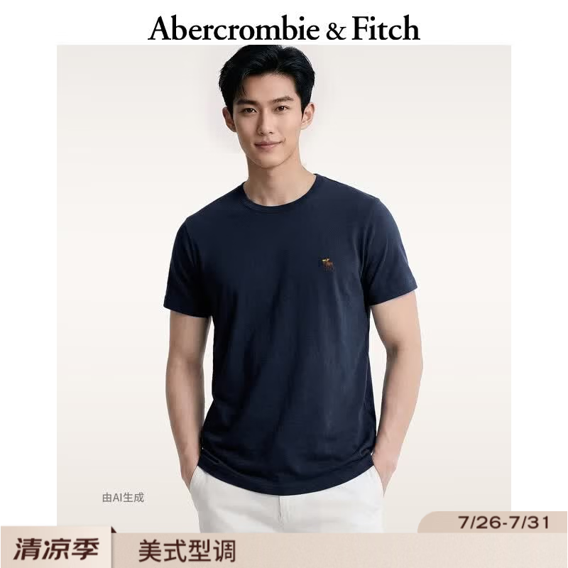 Abercrombie &amp; Fitch经典小麋鹿图案情侣柔软纯棉短袖T恤上衣26春夏男装124-6014 海军蓝 L (180/108A)