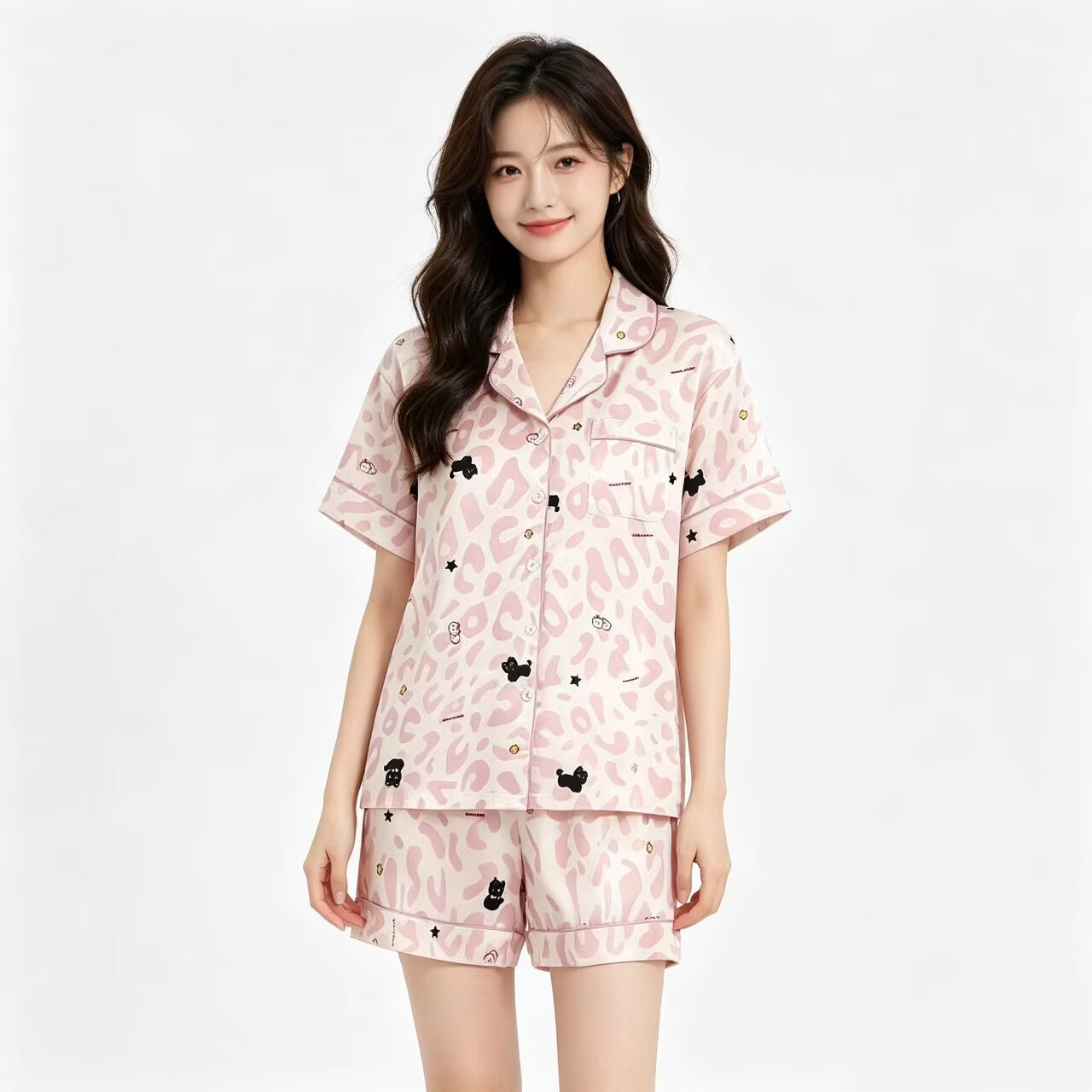 JDAIHD睡衣女夏季短袖卡通印花翻领开衫休闲可外穿家居服套装 2644 XL 120-140斤