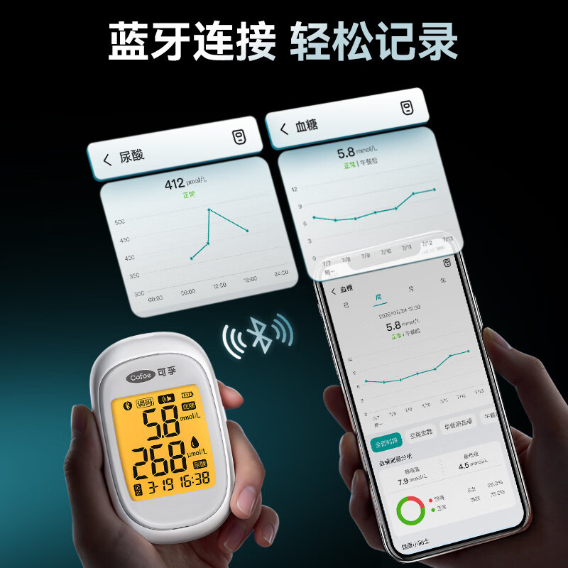 可孚舒测血糖尿酸双测仪一体机蓝牙家用血糖仪尿酸测试仪血糖测试纸 【蓝牙新品】双测仪器+2合1试纸50片+针头棉片