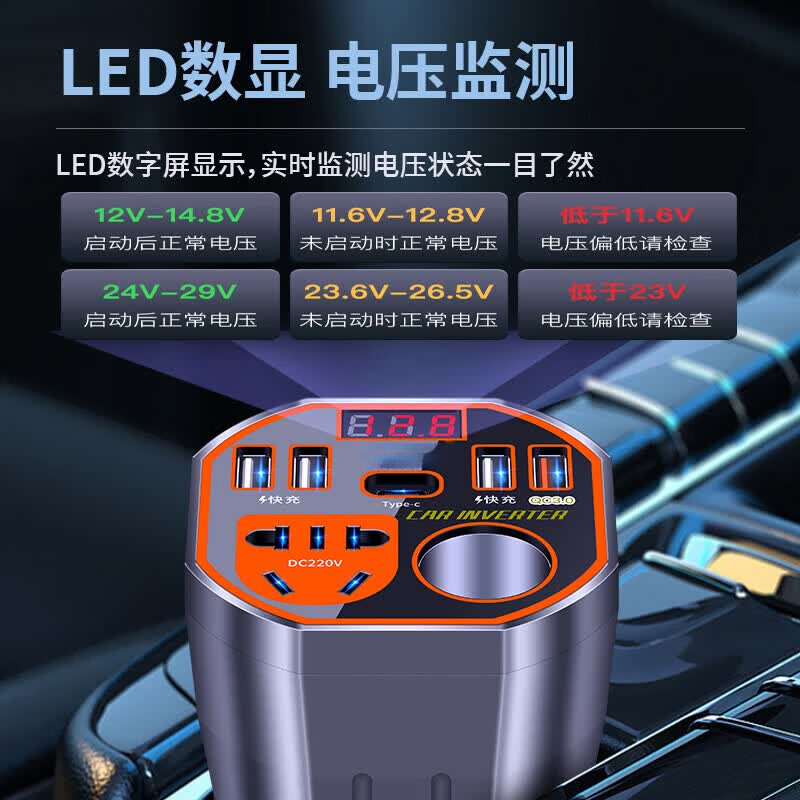 车载充电器逆变转换器12v24v转220v大功率电源插座汽车点烟器快充 数显+QC3.0闪充+PD快充 时尚杯型+12v24v通用