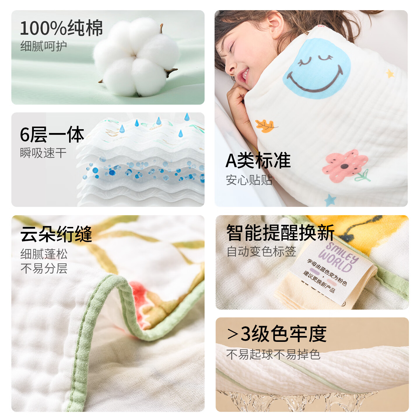 SMILEY法国笑脸儿童浴巾纯棉婴儿纱布可穿式新生儿速干毛巾宝宝浴袍宿舍 【童话果园】A类 100%棉|7A抗菌 防螨