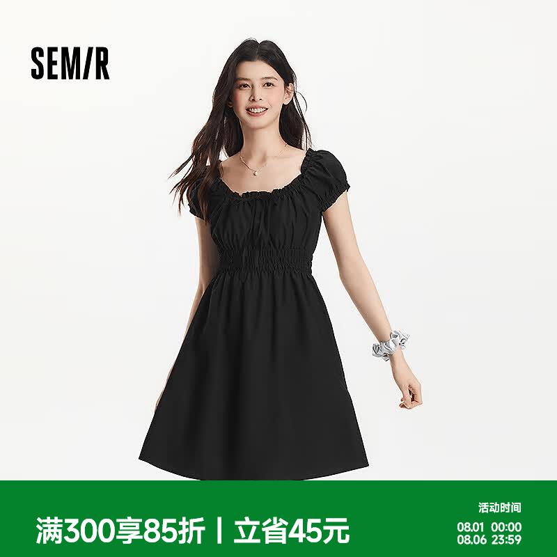 森马（Semir）连衣裙女收腰蝴蝶结少女感新款夏俏皮木耳边方领短裙气质 黑色90001 M