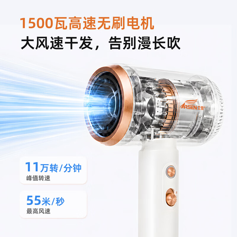 艾信高速护发吹风机大功率1500W家用负离子强力静音速干电吹风筒商务旅行便携电风吹 高速护发吹风机 白金（含风嘴）【大功率强力静音】