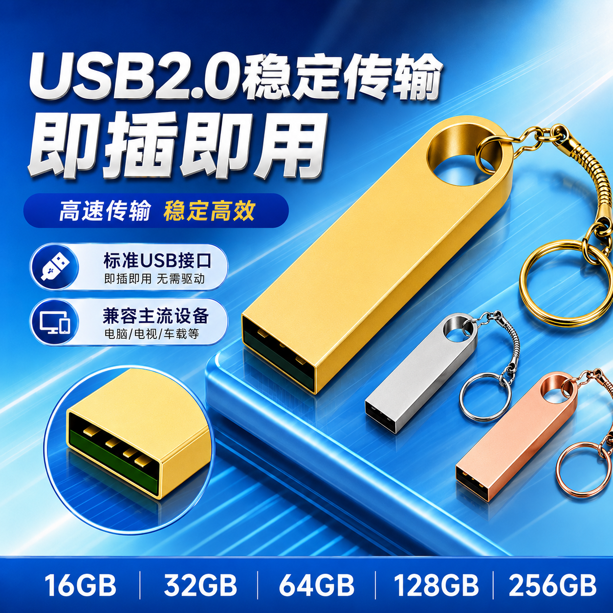 U盘手机电脑高速两用大容量128GB/64GB/32GB/16GB办公备份音响优盘usb 经典金【当天发货】 256GB