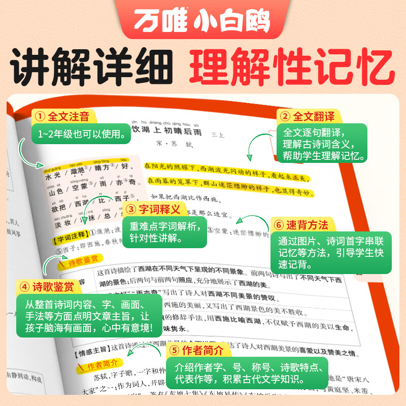 万唯小白鸥2025小升初古诗词252首小学生必背古诗词大全翻译人教版四五六年级语文阅读同步练习专项训练小古文唐诗宋词含75首 小学通用 【古诗词】252首 | 分类记背 精讲精练