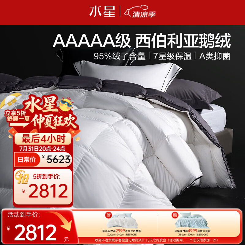 水星家纺羽绒被95%白鹅绒被子冬季加厚冬被芯双人羽绒被220cm×240cm1200g