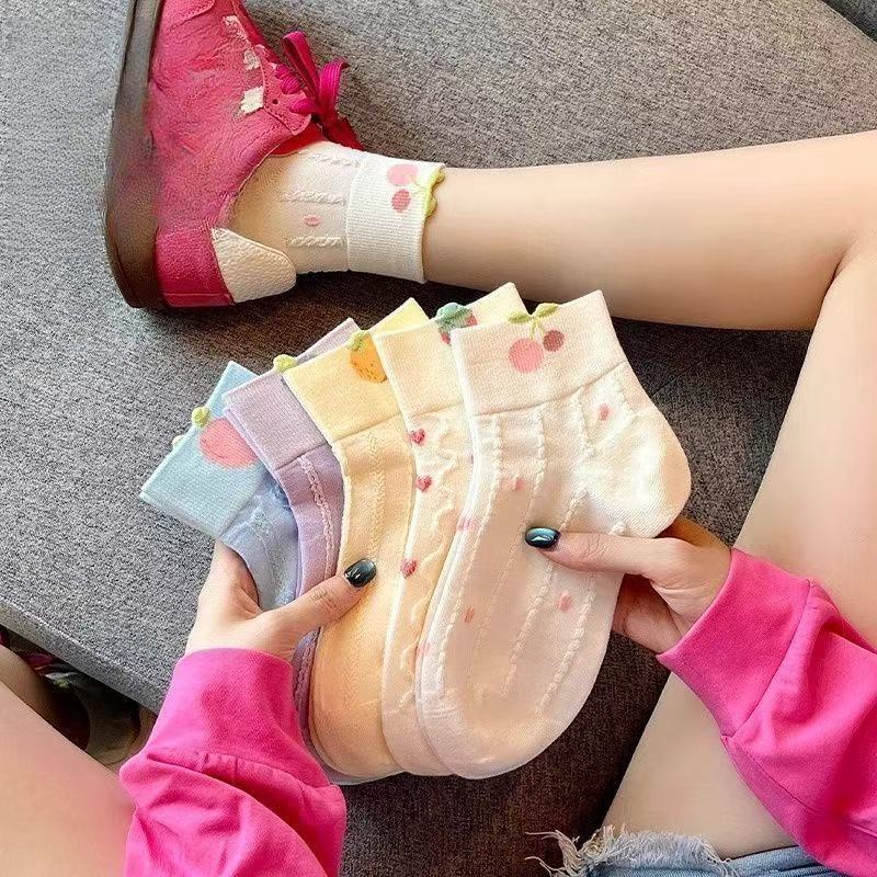 童诺乐儿童袜子春秋款女童中大童学院风女袜可爱水果甜美风韩版棉质短袜 【高弹不勒】水果袜 5双装 3-5岁 (M)