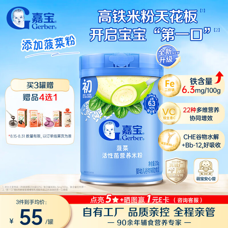 嘉宝（GERBER）婴幼儿米粉菠菜加铁加钙加益生菌250g宝宝辅食营养米糊 6月+