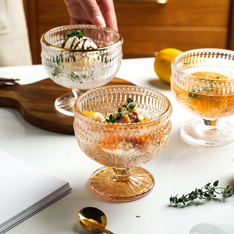 慕质（MUZHI）轻奢玻璃碗太阳鲜花冰淇淋杯复古浮雕酸奶碗甜品雪糕杯子网红沙拉碗 透明