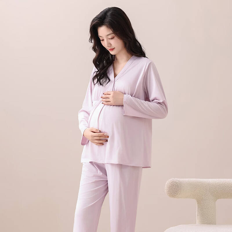婧麒（JOYNCLEON）月子服春秋产后舒适透气孕妇睡衣长袖长裤春秋产妇家居服 和服香芋 L码