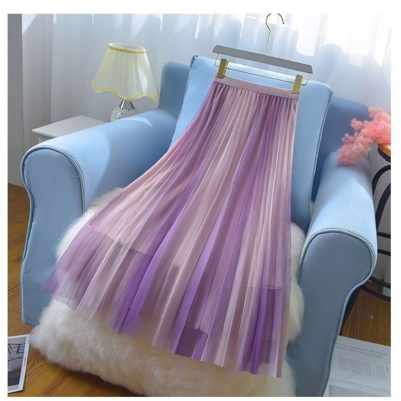 2022渐变色百褶纱裙网纱裙春夏季款高腰a字半身裙中长款裙子 渐变紫色